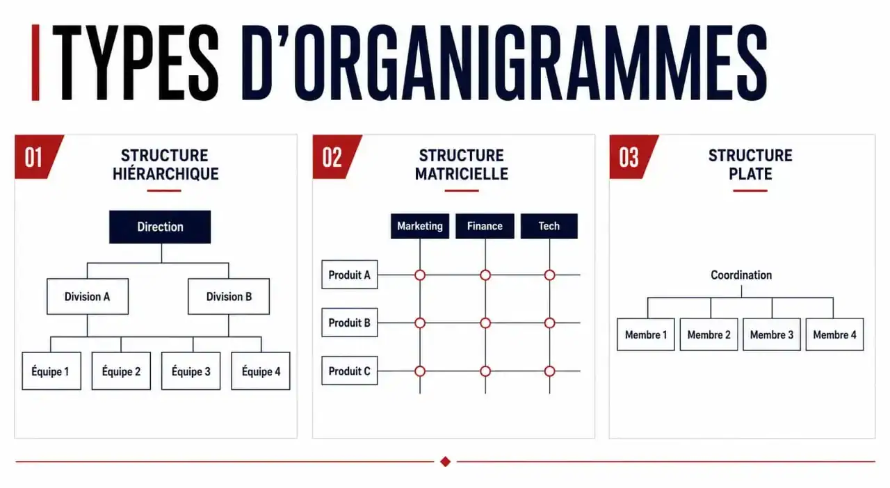 Schéma illustrant les trois types d'organigrammes d'entreprise : hiérarchique, matriciel et plat