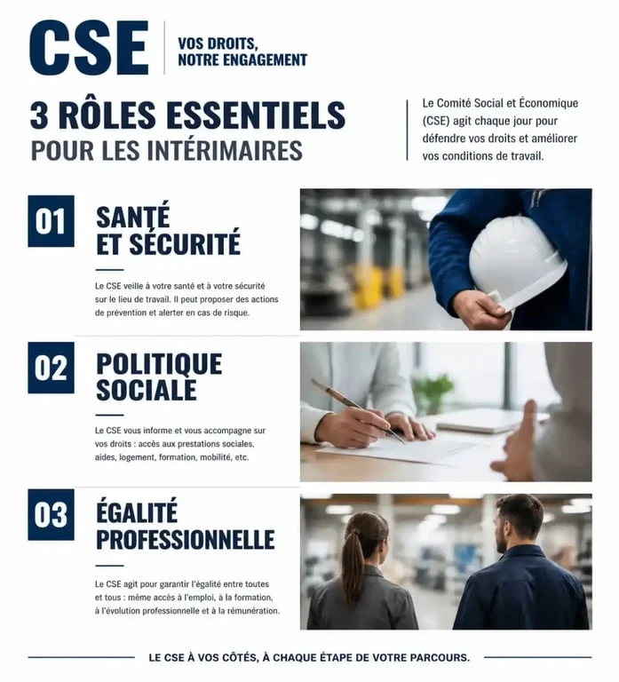 Infographie des rôles du CSE pour les intérimaires : santé, sécurité et politique sociale