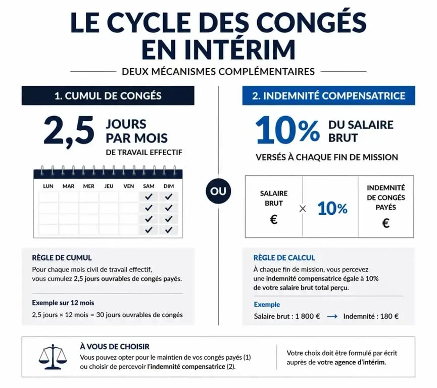 Infographie explicative sur le calcul des congés payés et de l'indemnité compensatrice en intérim