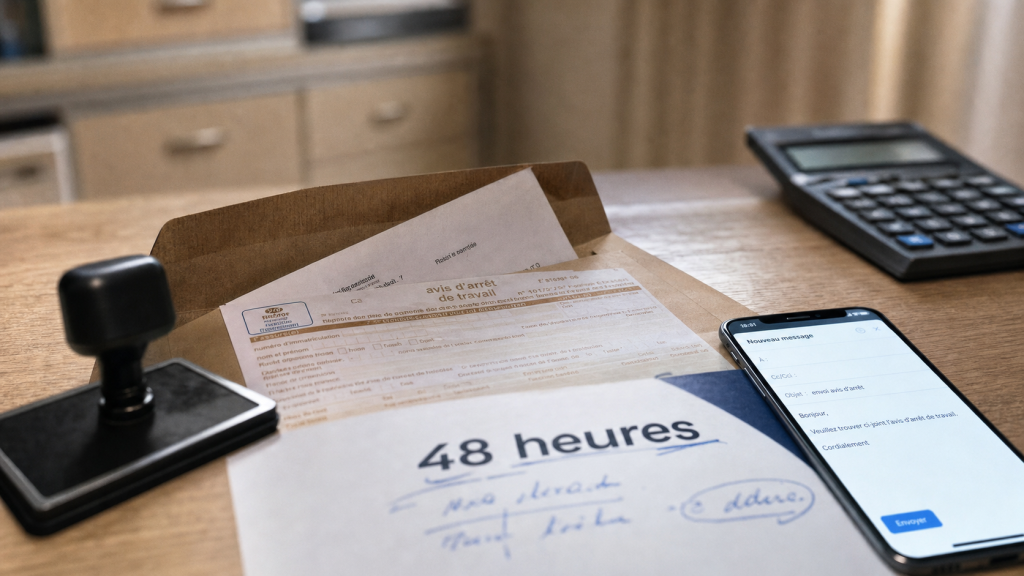 Envoi arrêt de travail 48h ouvrable : arrêt, enveloppe et e-mail prêt