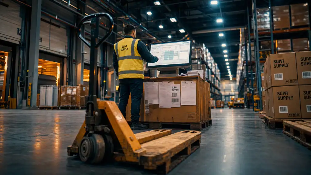 Métier logisticien : logisticien en entrepôt consultant un écran tactile pour le suivi logistique