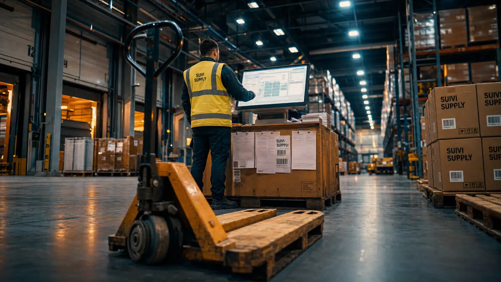 Métier logisticien : logisticien en entrepôt consultant un écran tactile pour le suivi logistique