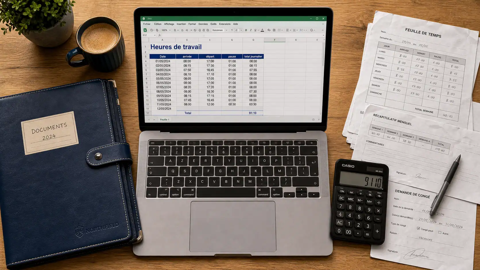 Tableau pour calculer les heures de travail par mois : heures et totaux mensuels