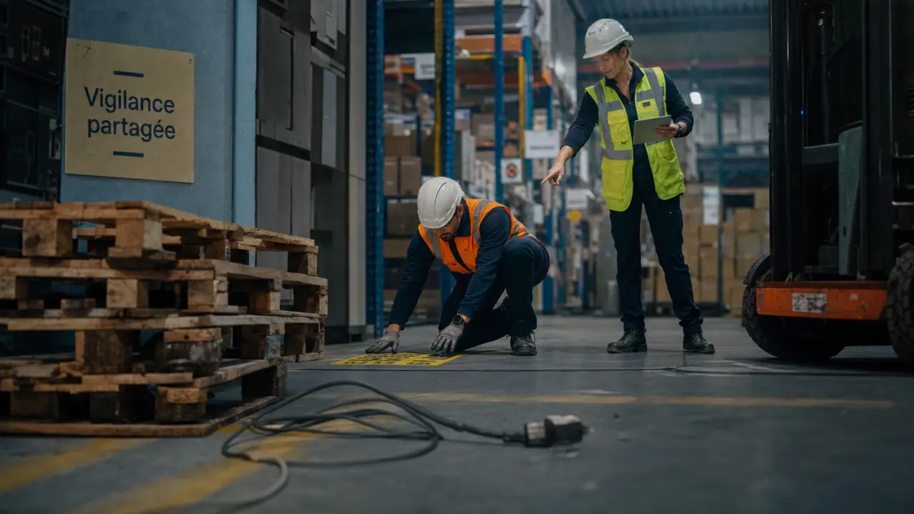 Vigilance partagée au travail : employés avec EPI, zone encombrée
