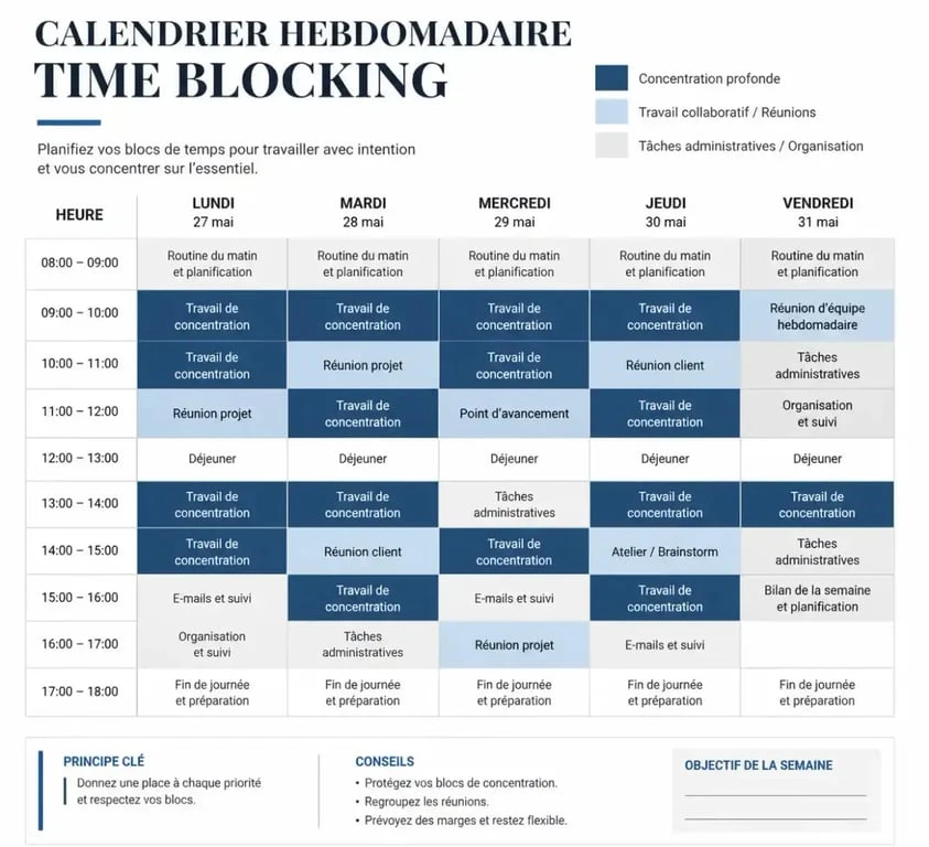 Exemple de time blocking dans un calendrier pour améliorer la productivité au travail