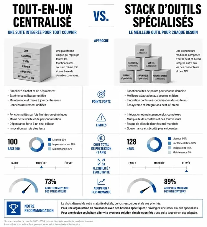Comparatif entre suite tout-en-un et outils de productivité best-of-breed pour optimiser sa stack technologique
