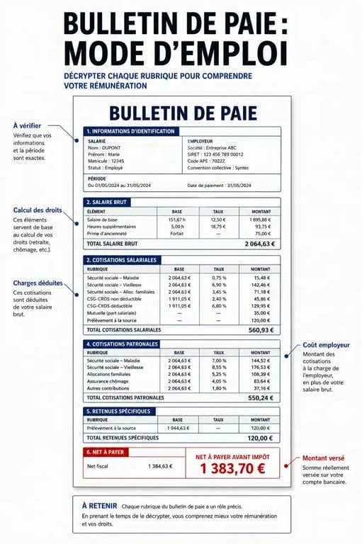 Schéma du bulletin de paie explication pdf avec salaire brut, cotisations et net à payer