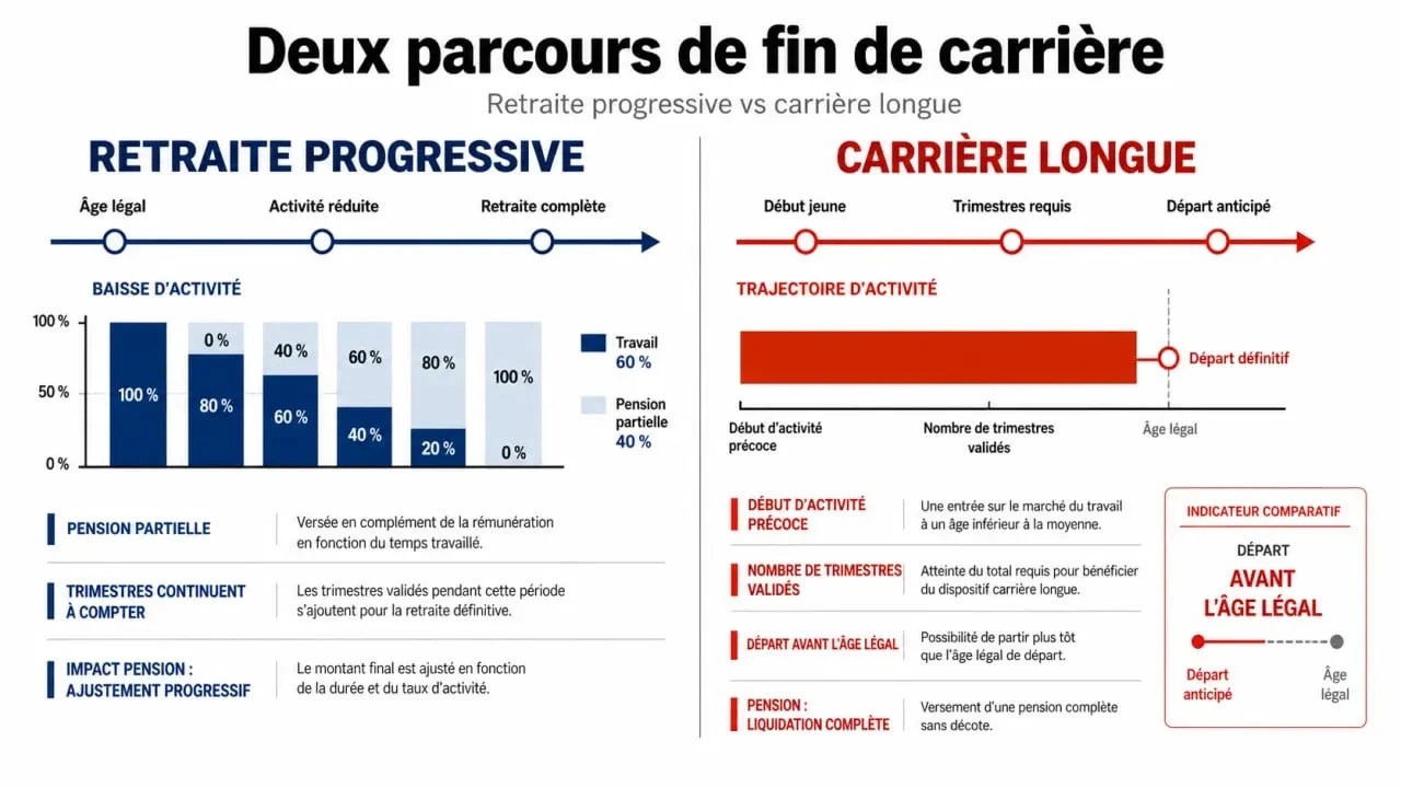 Retraite progressive et carrière longue : infographie comparative des conditions, des trimestres et de l’impact sur la pension