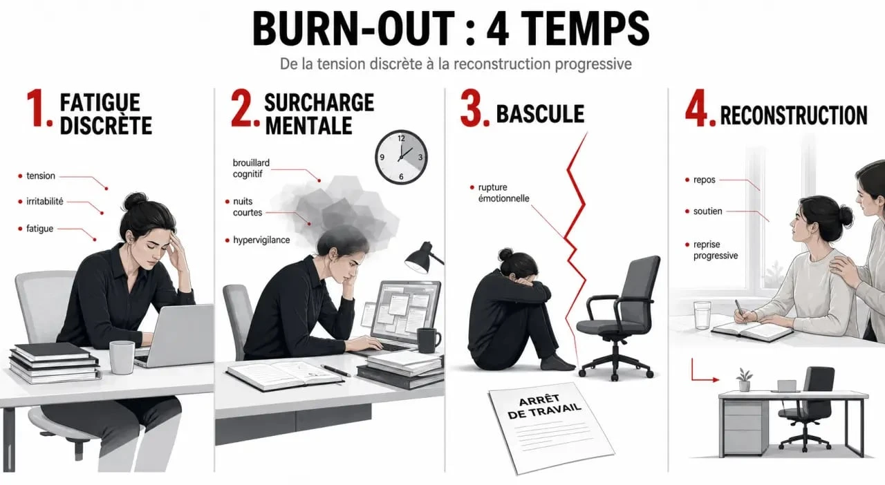 Burn out témoignage : progression du burn-out en 4 étapes, des signes invisibles à la reconstruction