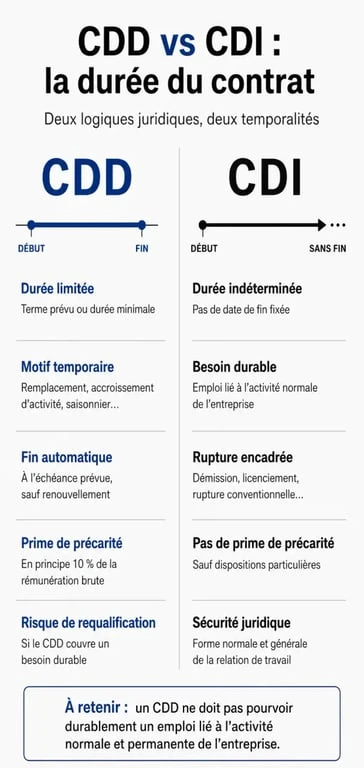 CDD CDI difference duree : infographie comparative sur la durée, la rupture et les règles du contrat de travail