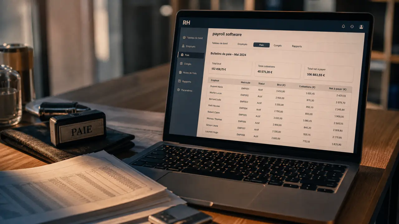 Logiciel de paie en anglais : payroll software sur écran au bureau