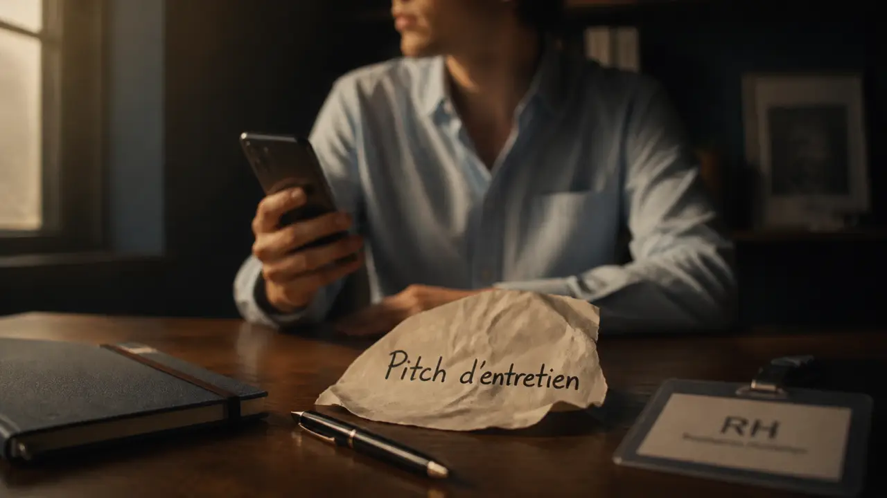 Pitch entretien d embauche en 90 secondes, carnet et stylo sur bureau
