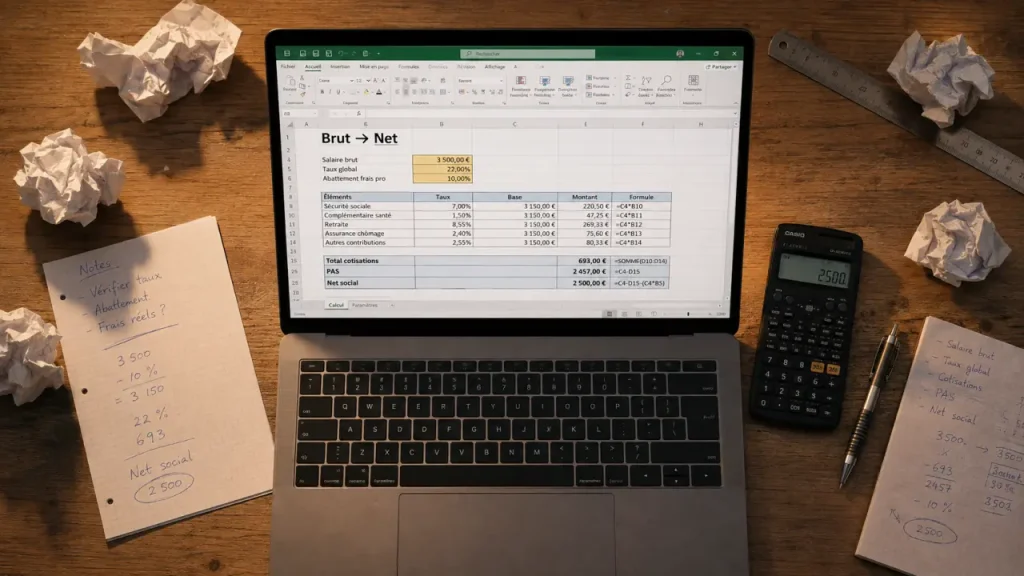 Bulletin de paie Excel avec formules : calcul du brut, du net social et du prélèvement à la source