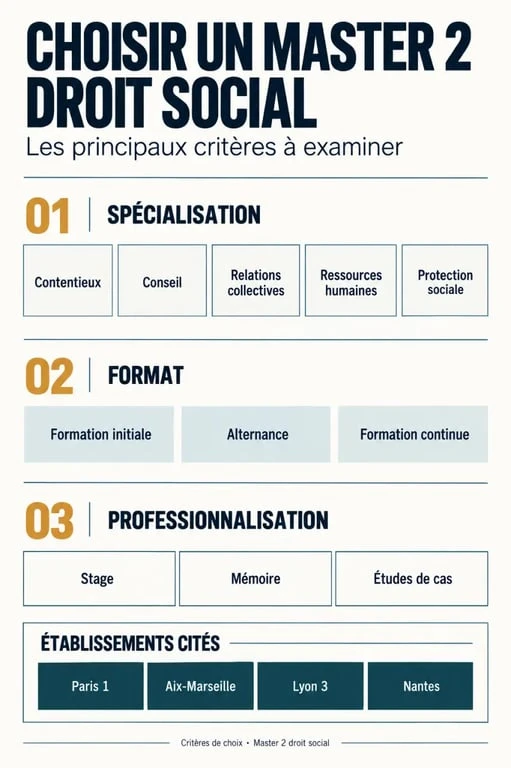 Infographie des critères de choix d’un master 2 droit social et des modalités de professionnalisation