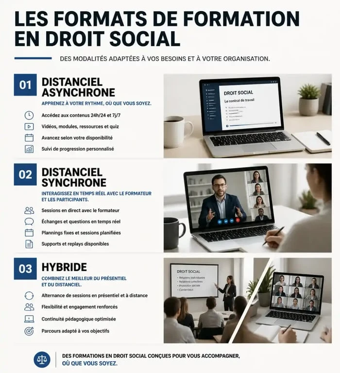 Schéma comparatif des modalités de formation en droit social à distance