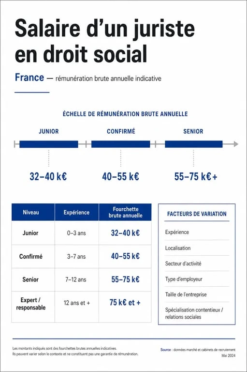 Juriste droit social salaire : infographie éditoriale des fourchettes de rémunération et des facteurs de variation