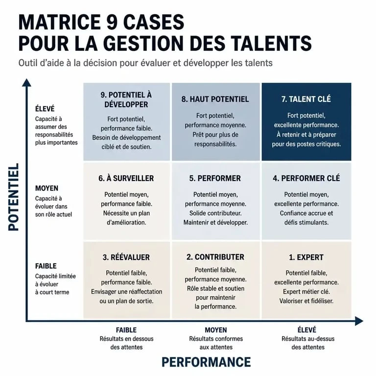 Illustration d'une Nine Box Matrix pour la gestion des carrières et des talents