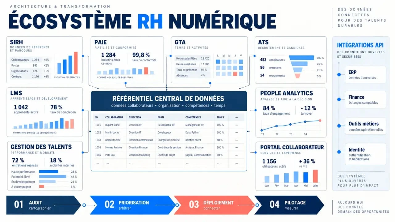 Solutions digitales RH : écosystème des outils SIRH, paie, recrutement, formation et people analytics