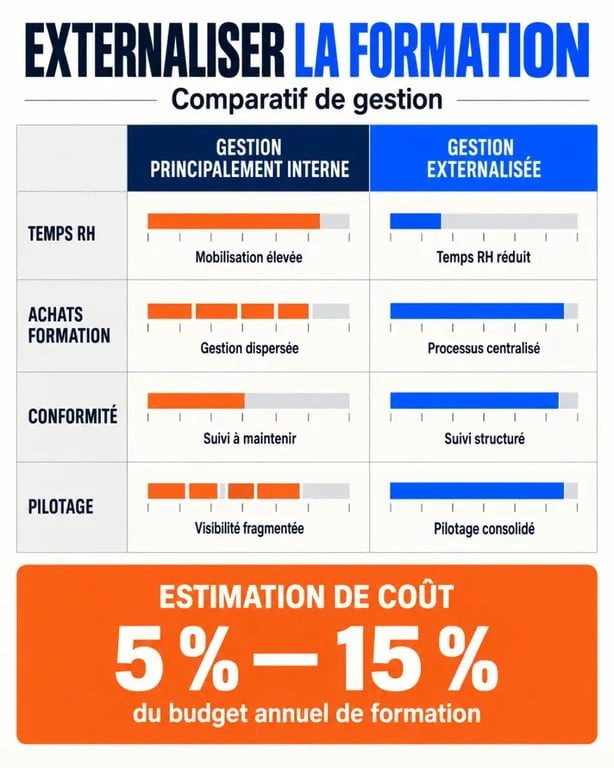 Infographie sur l’externalisation de la formation : gestion interne, gestion externalisée et estimation du coût