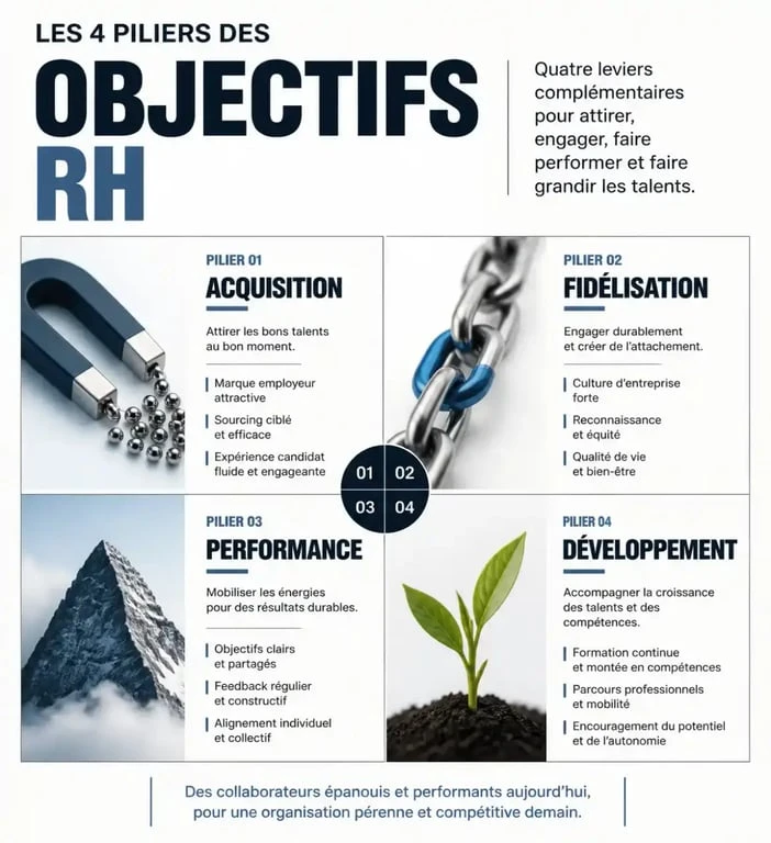 Infographie des 4 piliers des objectifs RH pour une stratégie efficace