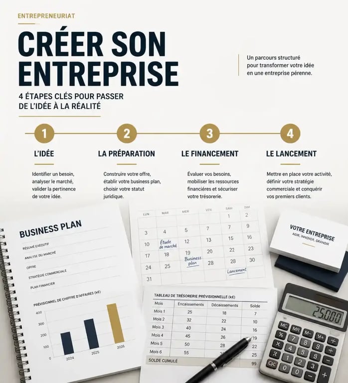 Créer son entreprise : les ressources incontournables pour entrepreneurs, dirigeants et indépendants, visuel éditorial des 4 étapes et documents clés