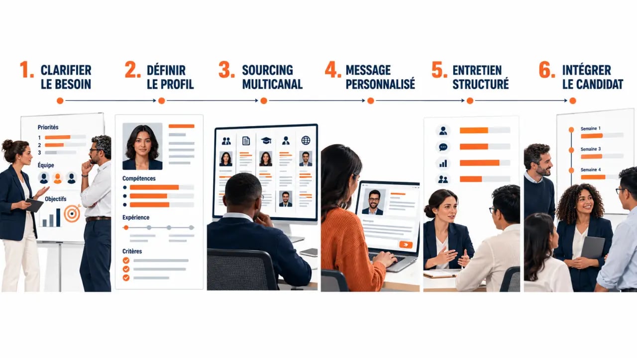 Parcours visuel pour optimiser sa recherche de nouveaux talents en entreprise, du besoin initial à l'intégration